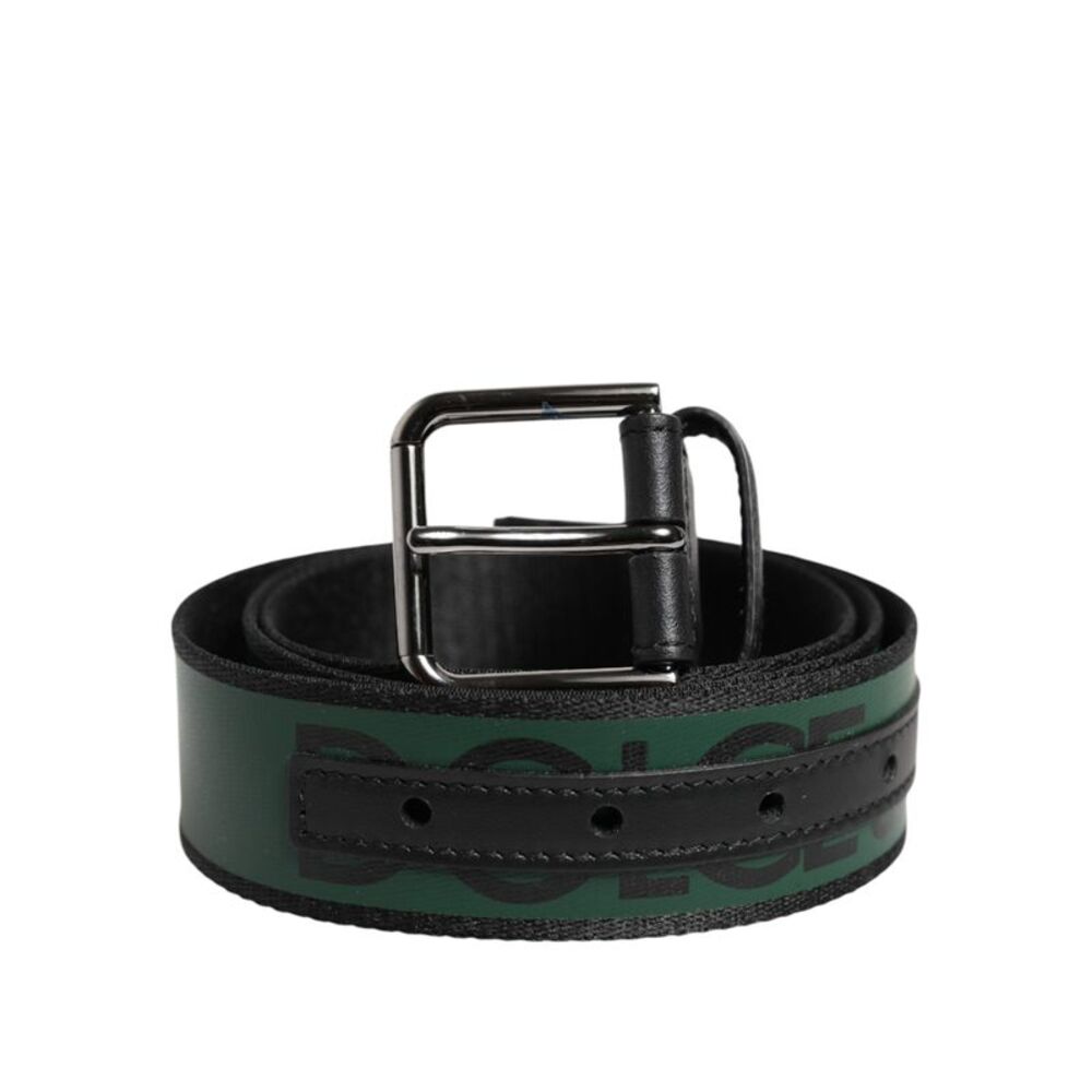 Dolce & Gabbana Black Green Logo Silver Tone Metal Buckle Men's Belt
